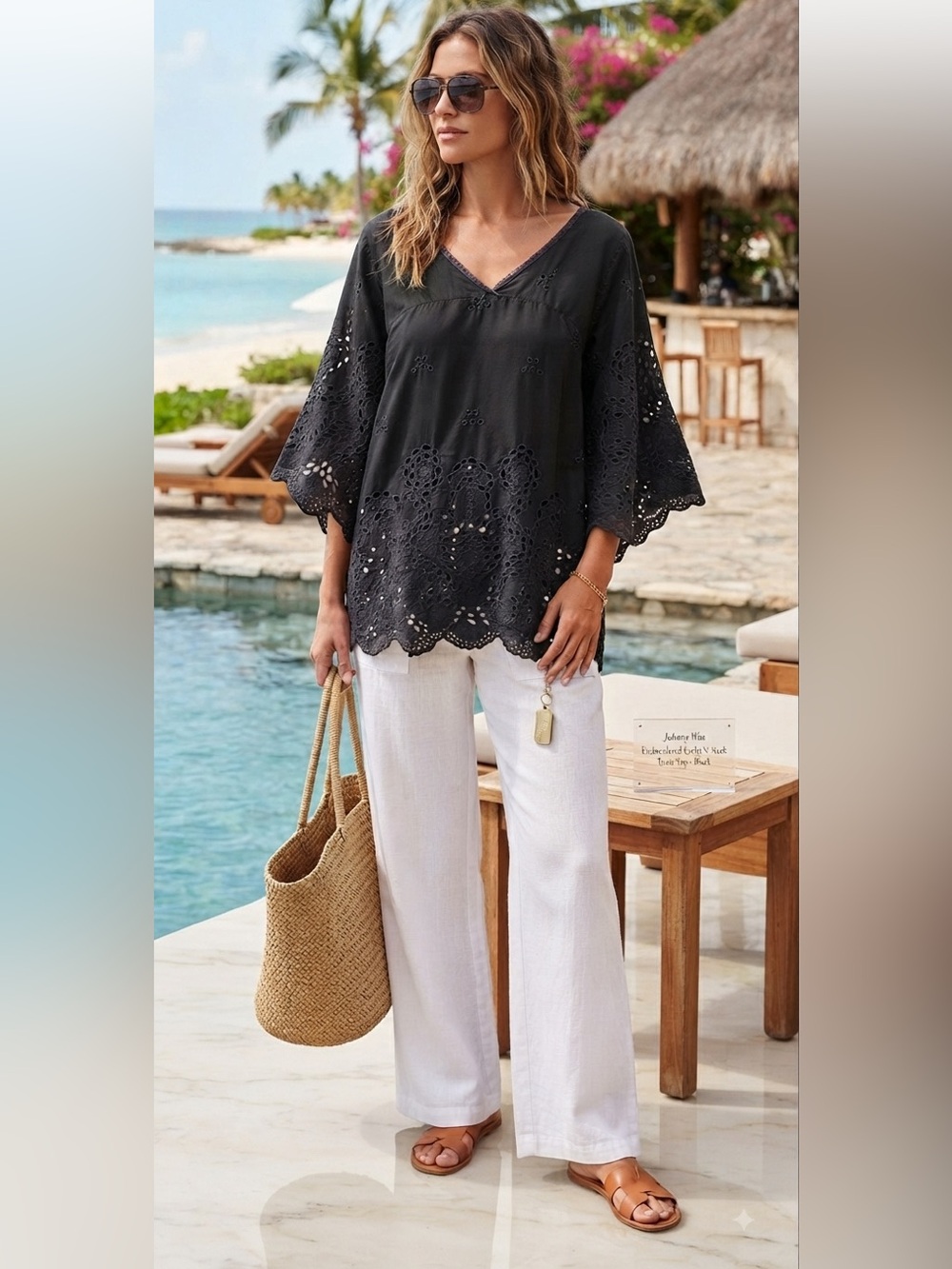 Embroidered Eyelet V-Neck Tunic Top - Black